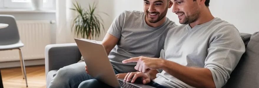 Couple consultant un prêt immobilier sur ordinateur dans un appartement parisien