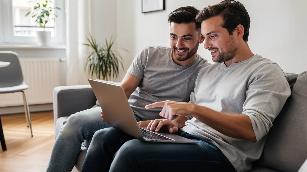 Couple consultant un prêt immobilier sur ordinateur dans un appartement parisien